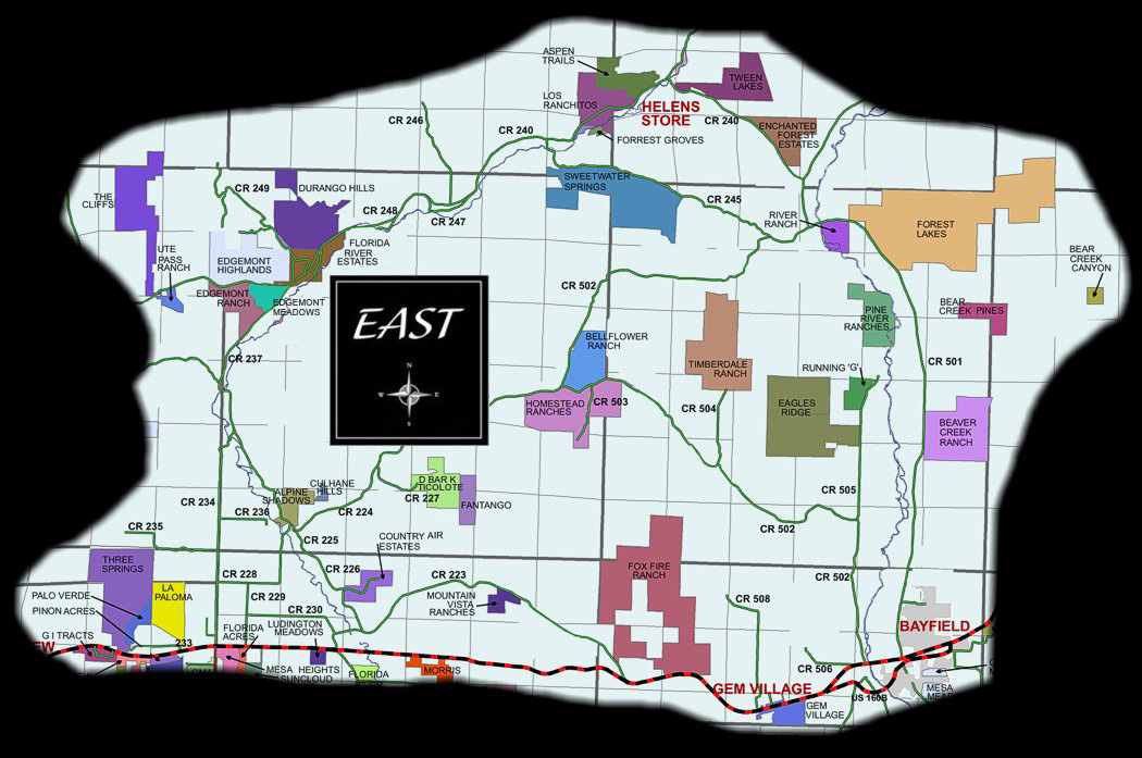 Map of Neighborhoods & Subdivisions East of Durango Colorado